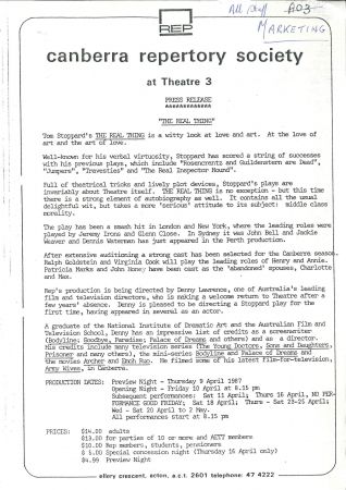 Pamphlet on the Canberra Repetory Society upcoming shows