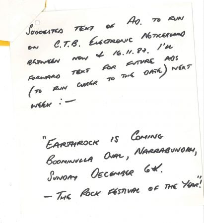 Handwritten note regarding advertising for Earthrock