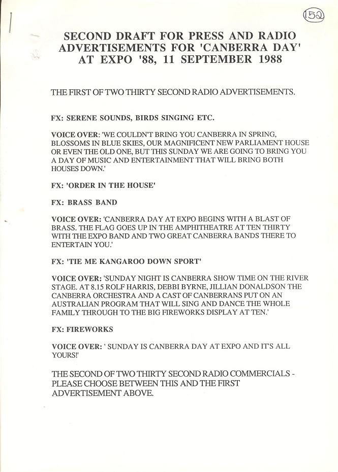 Press and Radio Advertisements for Canberra Day at Expo 88 11/09/1988 (draft) - page 1