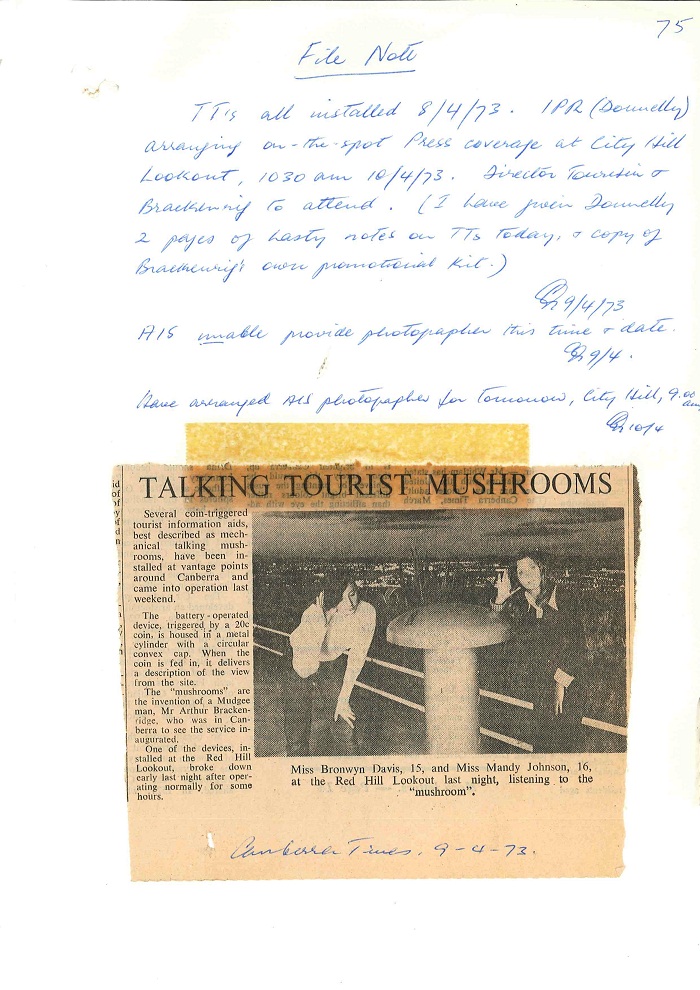 73/43 - ACT Tourist Bureau - Information Machines (Talking Toadstools) - folio 75