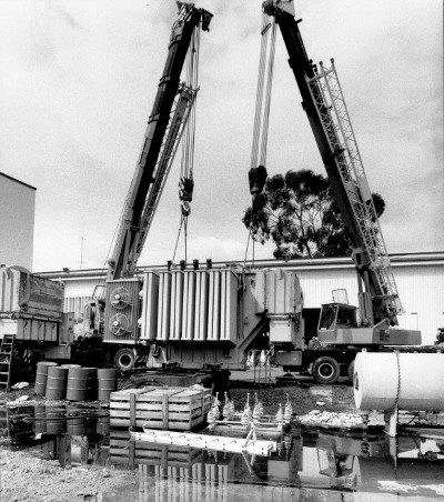 A transformer being lifted by crane at the Kingston Electrical Workshop 08/12/1987 A transformer being lifted by crane at the Kingston Electrical Workshop 08/12/1987