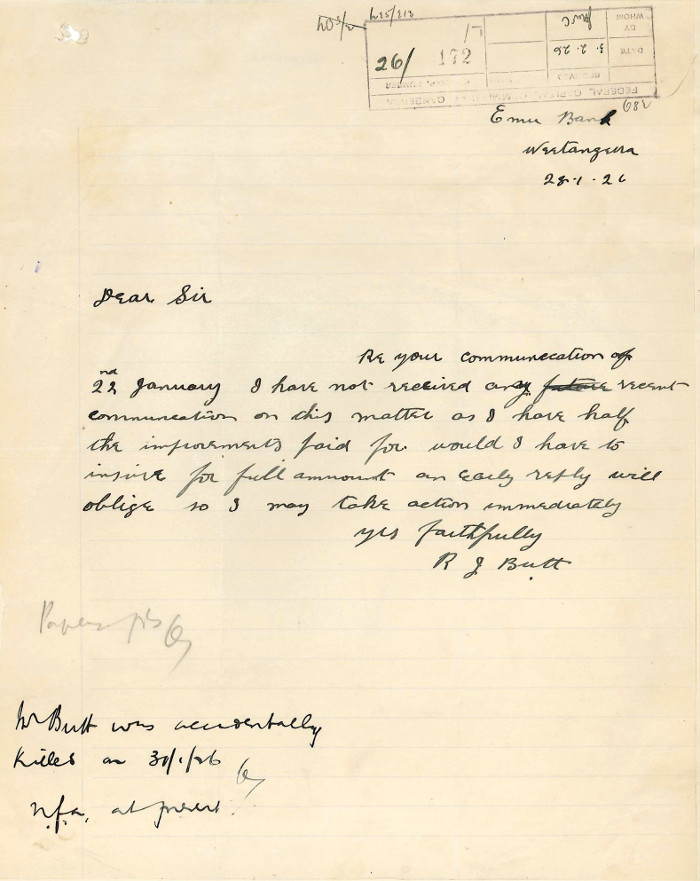 Letter from Robert Butt to James Brackenreg date the 28th January 1926