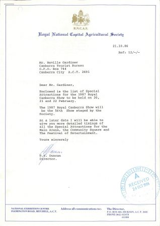 Canberra Show 1987 event planning letter
