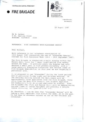 Letter from the ACT Fire Brigade to Michael Salmon