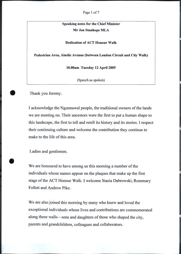 The first page of Jon Stanhope’s speech notes for the dedication event in 2005, from record 04/14527.
