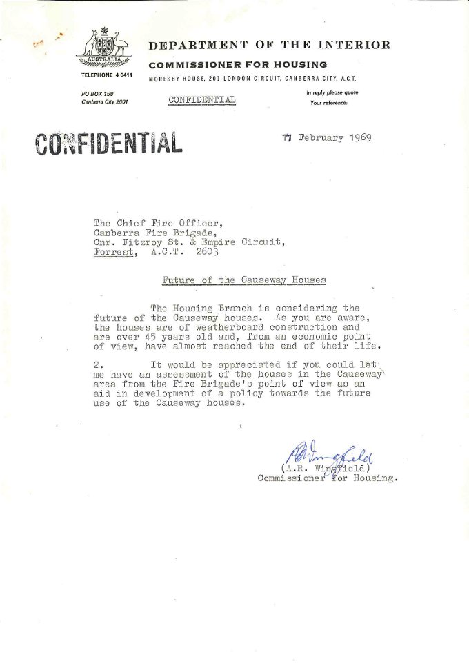 Department of the Interior Commissioner for Housing memo to the Chief Fire Officer - 17/02/1969