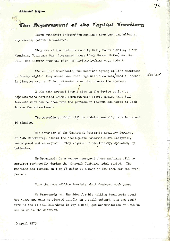 73/43 - ACT Tourist Bureau - Information Machines (Talking Toadstools) - folio 76
