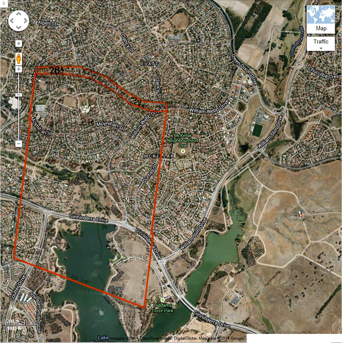 Google Maps image of area c2013 with Belconnen Blocks 28 & 28A boundaries in red