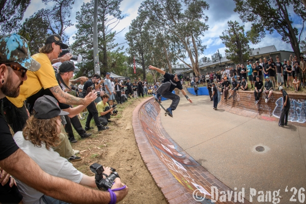 Fig 12. Tim Schaar (an international visitor who skates for Tony Hawk&rsquo;s company Birdhouse) skating the Erindale Banks in 2026. Photograph courtesy of David Pang.