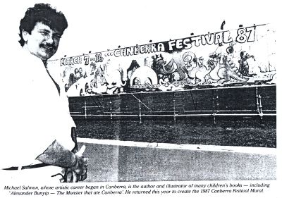Michael Salmon with his mural for the 1987 Canberra Festival