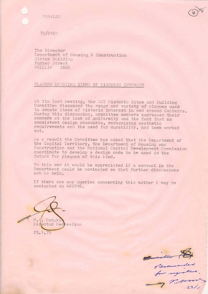 Memo from Director of Recreation, M.A. Hodgkin to Director of Department of Housing and Construction - 13/01/1979
