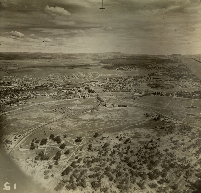 Click here for full size image Aerial photo of Canberra looking south over Capital Hill and Forrest taken in the 1940s