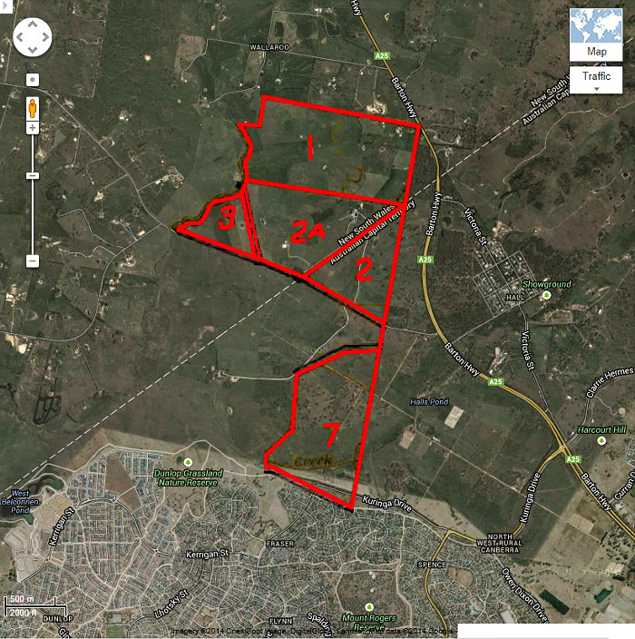 Google Maps image of area c2013 with Belconnen Blocks 1, 2, 2A, 3 & 7 boundaries in red