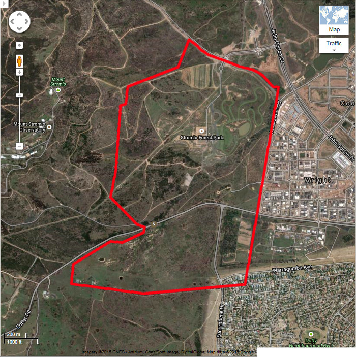 Google Maps image of area c2013 with the boundary for the original Stromlo Block 43 in red