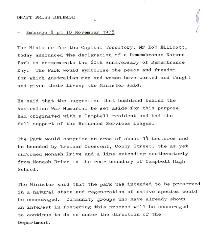 Press release announcing the declaration of the Remembrance Nature Park
