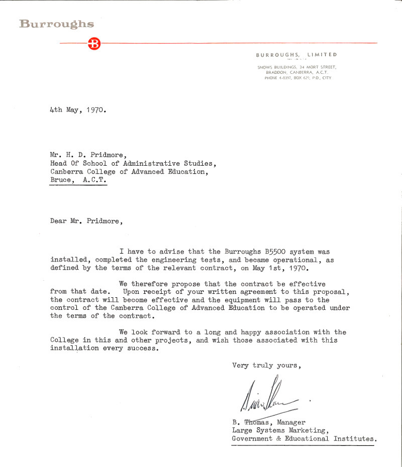 Letter from B. Thomas, Burroughs to H.D Pridmore, CCAE dated 4TH of May 1970 