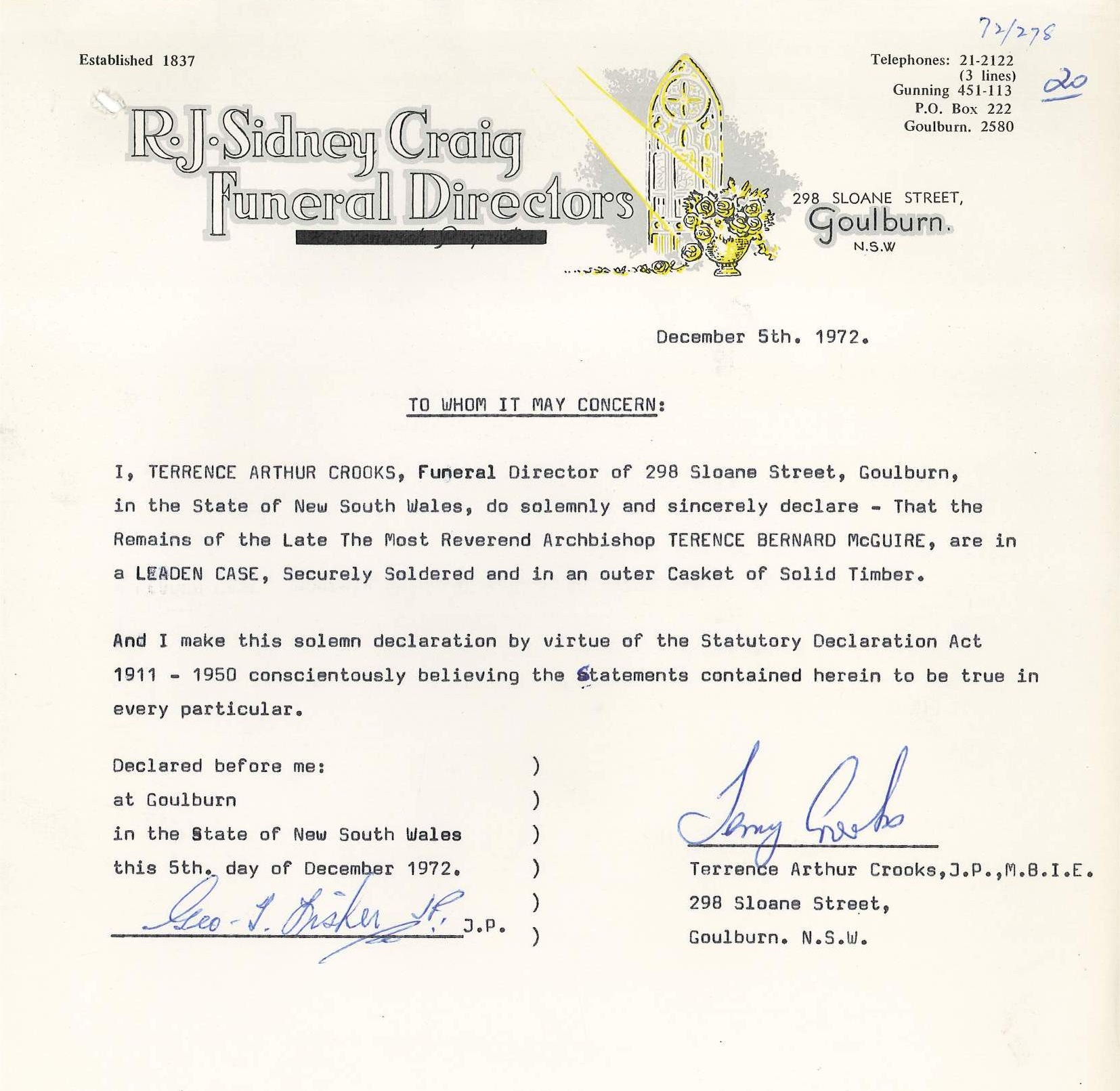 Letter from funeral director re Archbishop McGuire Confirmation of preservation terms by the funeral director for Archbishop McGuire