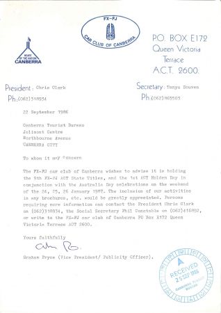 Letter from the FXFJ Car club re events in 1987