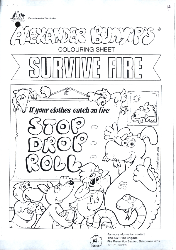 An Alexander bunyip colouring-in page promoting Stop, Drop, Roll