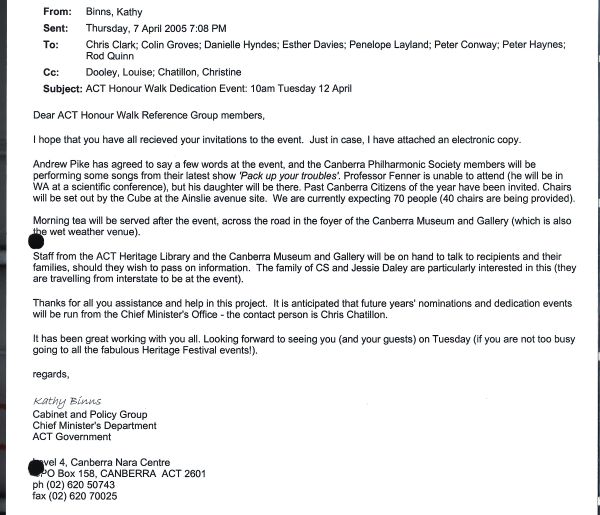 An email summarising the program for the Honour Walk dedication event, from record 05/3034.