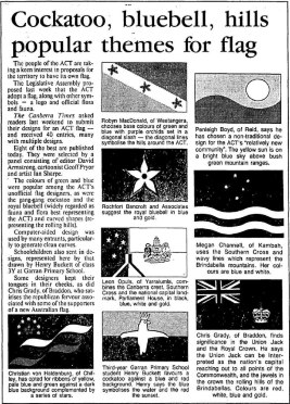 Newspaper article Cockatoo, bluebell, hills popular themes for flag, The Canberra Times