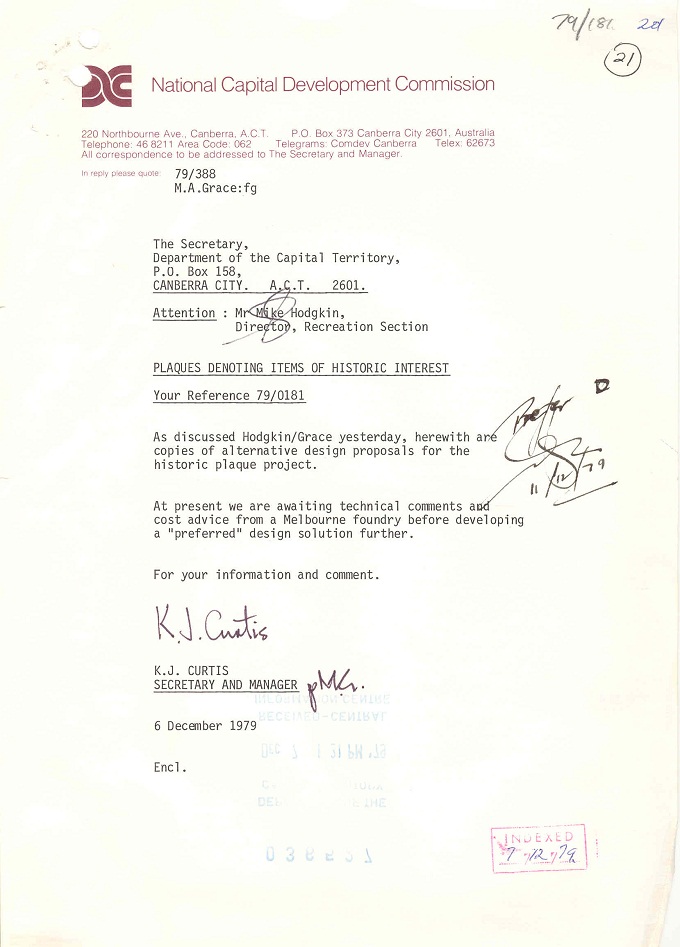 Memo from Secretary and Manager, NCDC, K.J. Curtis to Secretary, Department of the Capital Territory - 06/12/1979