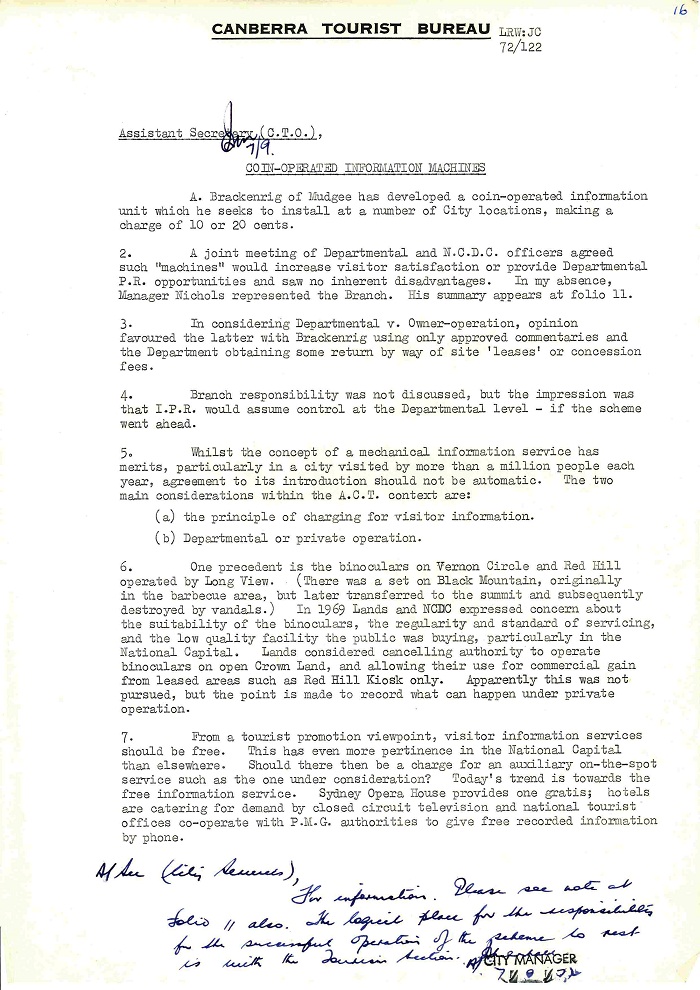 72/122 - Canberra Tourist Bureau - Information Machines - folio 16