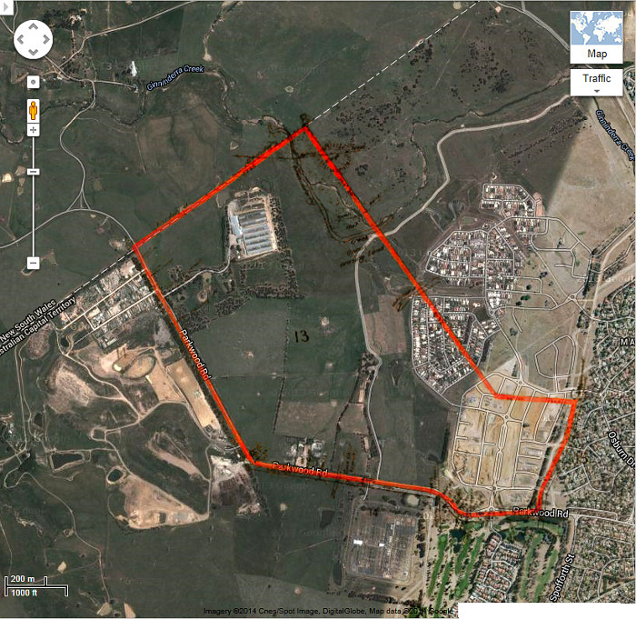 Google Maps image of area c2013 with Belconnen Block 13 boundary in red