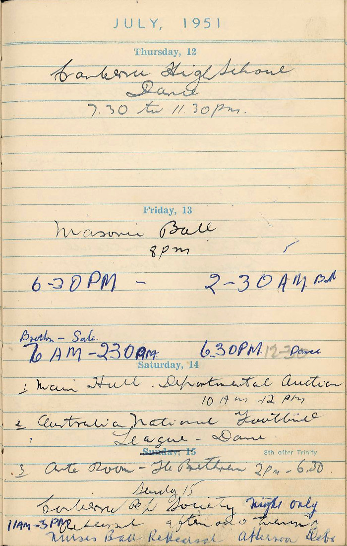 Page from 1951 Albert Hall Bookings Diary