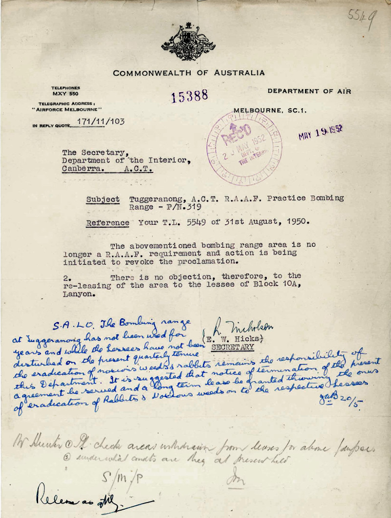 Letter from E.W. Hicks (DA) to the Department of the Interior dated 19th May 1952
