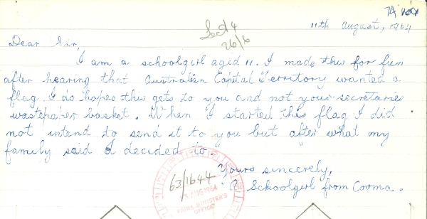 A letter sent to Prime Minister Sir Robert Menzies in 1964