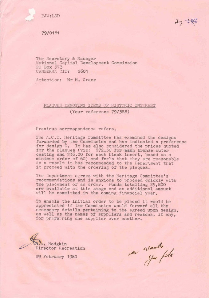 Memo from Director Recreation, M.A. Hodgkin to Secretary and Manager, NCDC, K.J. Curtis - 29/02/1980