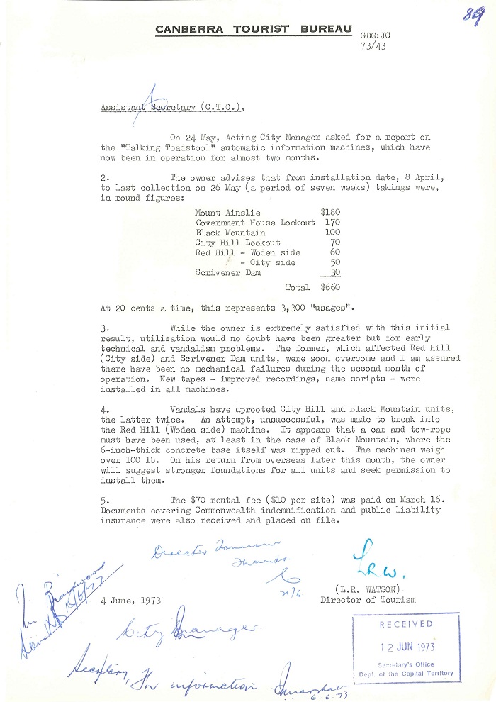 73/43 - ACT Tourist Bureau - Information Machines (Talking Toadstools) - folio 89