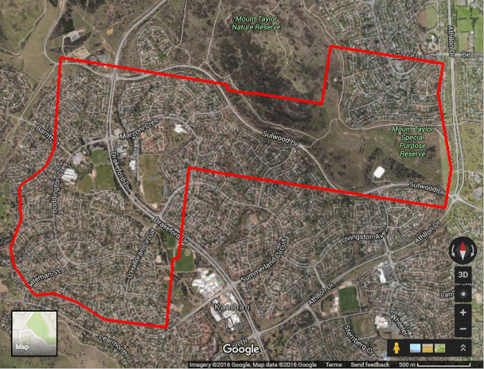 Google Maps image of area c2015 with Stromlo Block 23 boundary in red.