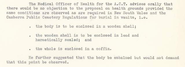 Extract from internal memorandum Medical advice re preparing bodies for interment