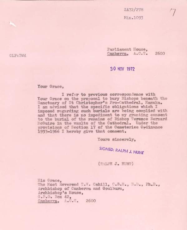 Letter from Minister Hunt dated 30 Nov 1972 Approval by the Minister to bury McGuire