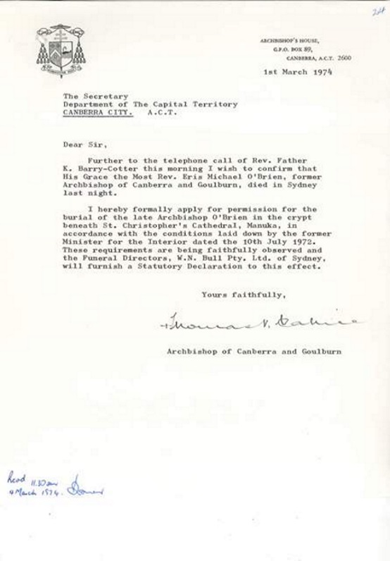 Letter from Archbishop Cahill dated 1 March 1974 Request to bury Archbishop OBrien