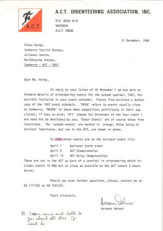 ACT Orienteering event planning letter