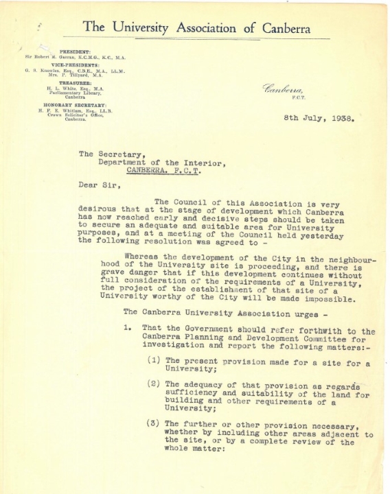 University letter requesting collaboration Discusses ways to begin development of the site