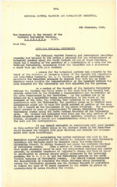 Letter outlining new consideration for the Botanical Gardens new negotations required