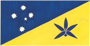 A blue and gold flag by an unknown designer