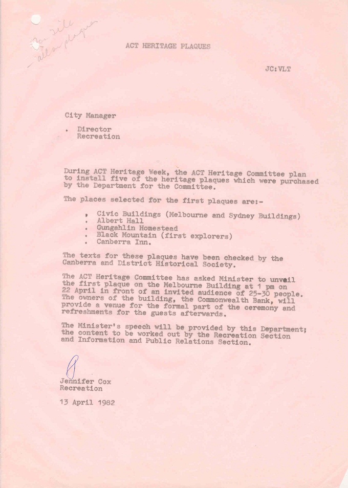 Memo from Jennifer Cox to Director Recreation - 13/04/1982