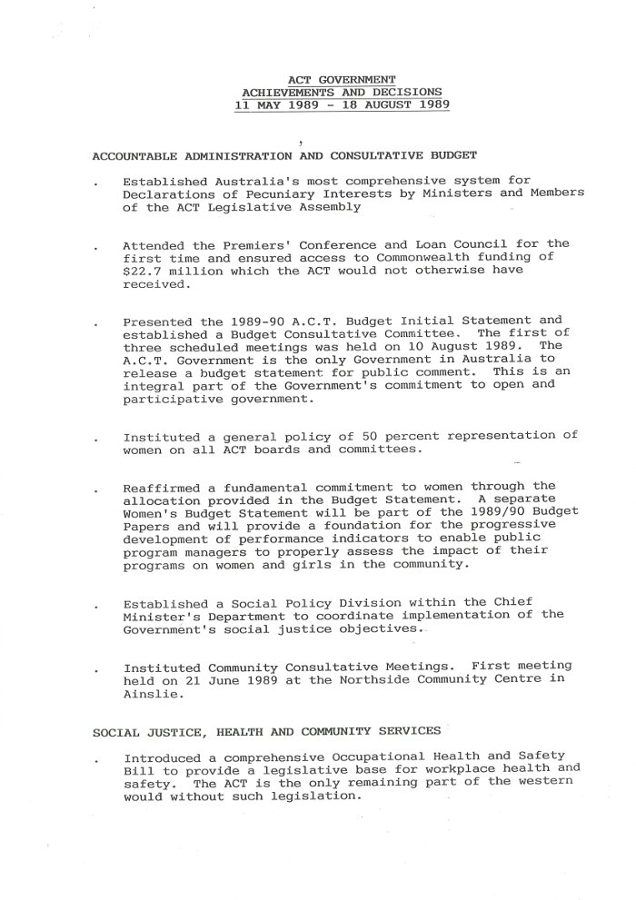 ACT Chief Minister Media Release 18/08/1989 - page 1