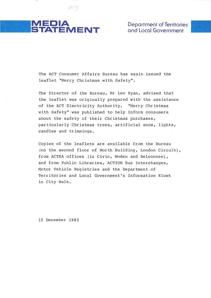 Department of Territories and Local Government Media Statement - 15 December 1983