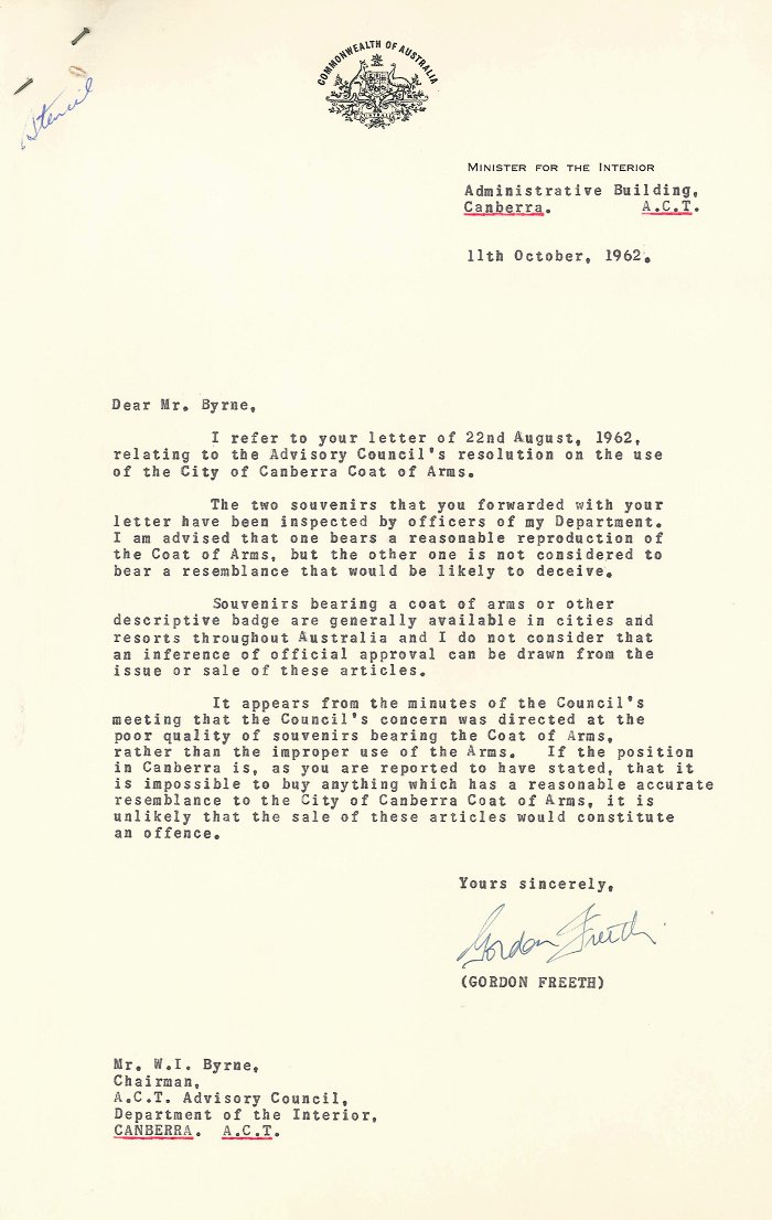 Letter from Gordon Freeth to William Byrne - 11-10-1962