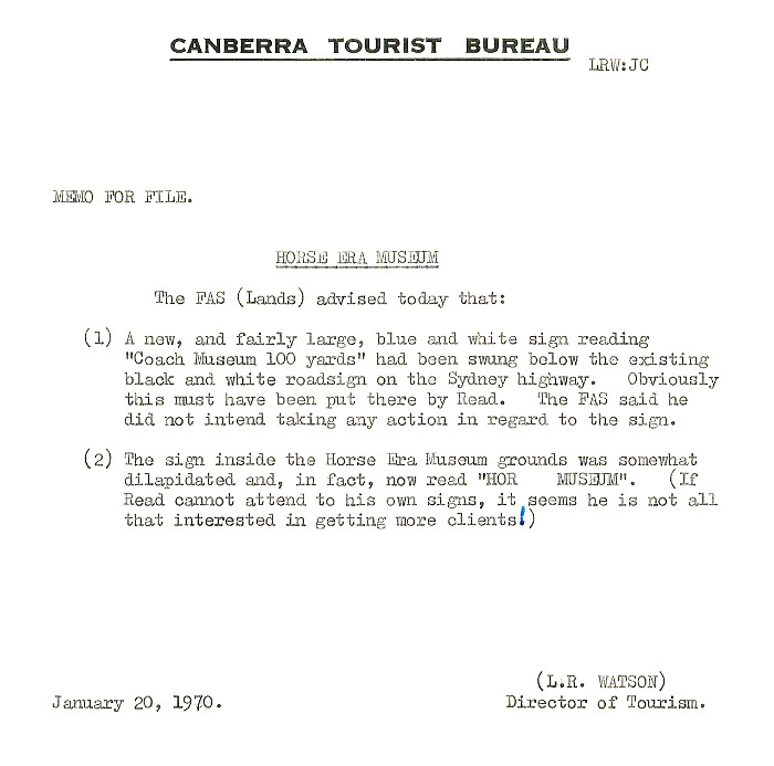 Canberra Tourist Bureau memo of Billabong Park signage (File 70/10 folio 25) Canberra Tourist Bureau memo of Billabong Park signage (File 70/10 folio 25)