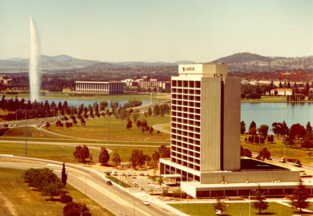 Lakeside International Hotel 1972 Lake, Fountain and Lakeside International Hotel 1972