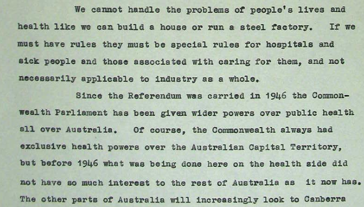 Figs. 6-7. Extracts from Earle Page's speech to the Canberra Community Hospital Board, Jan 1950