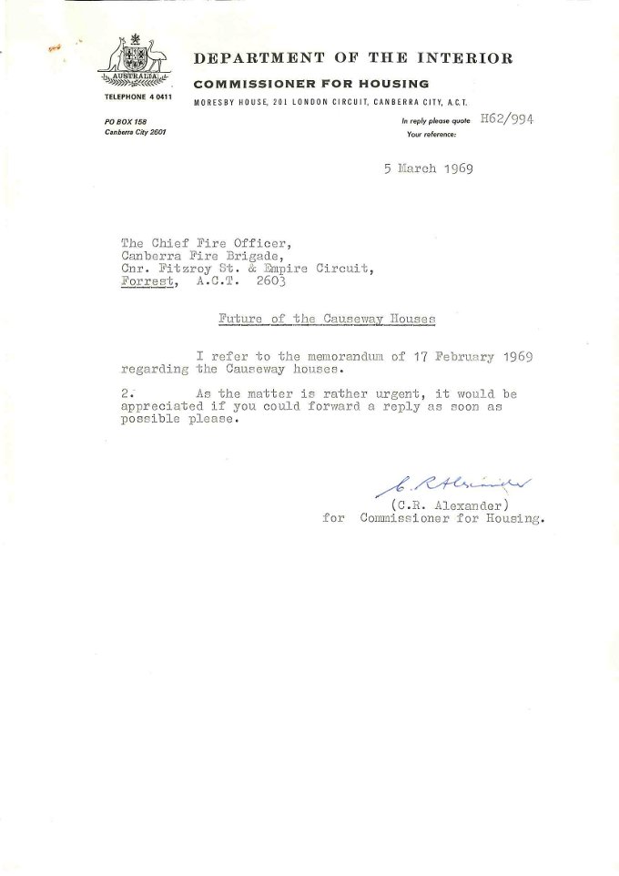 Department of the Interior Commissioner for Housing memo to the Chief Fire Officer - 05/03/1969
