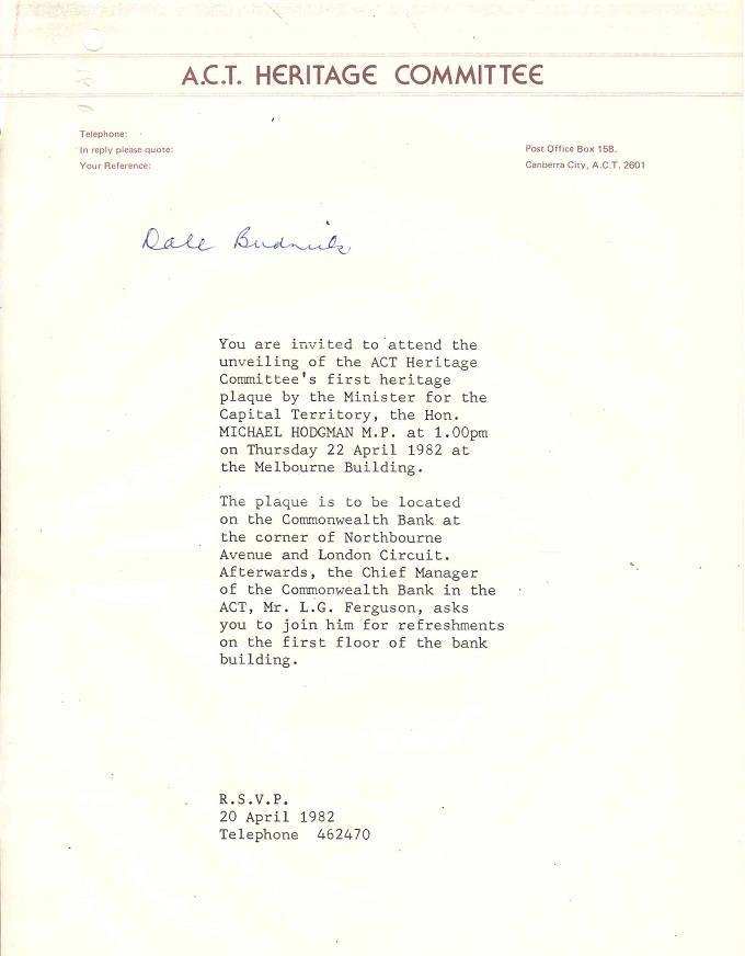 ACT Heritage Committee Invitation to Unveiling of the Civic Centre Plaque on 22/04/1982